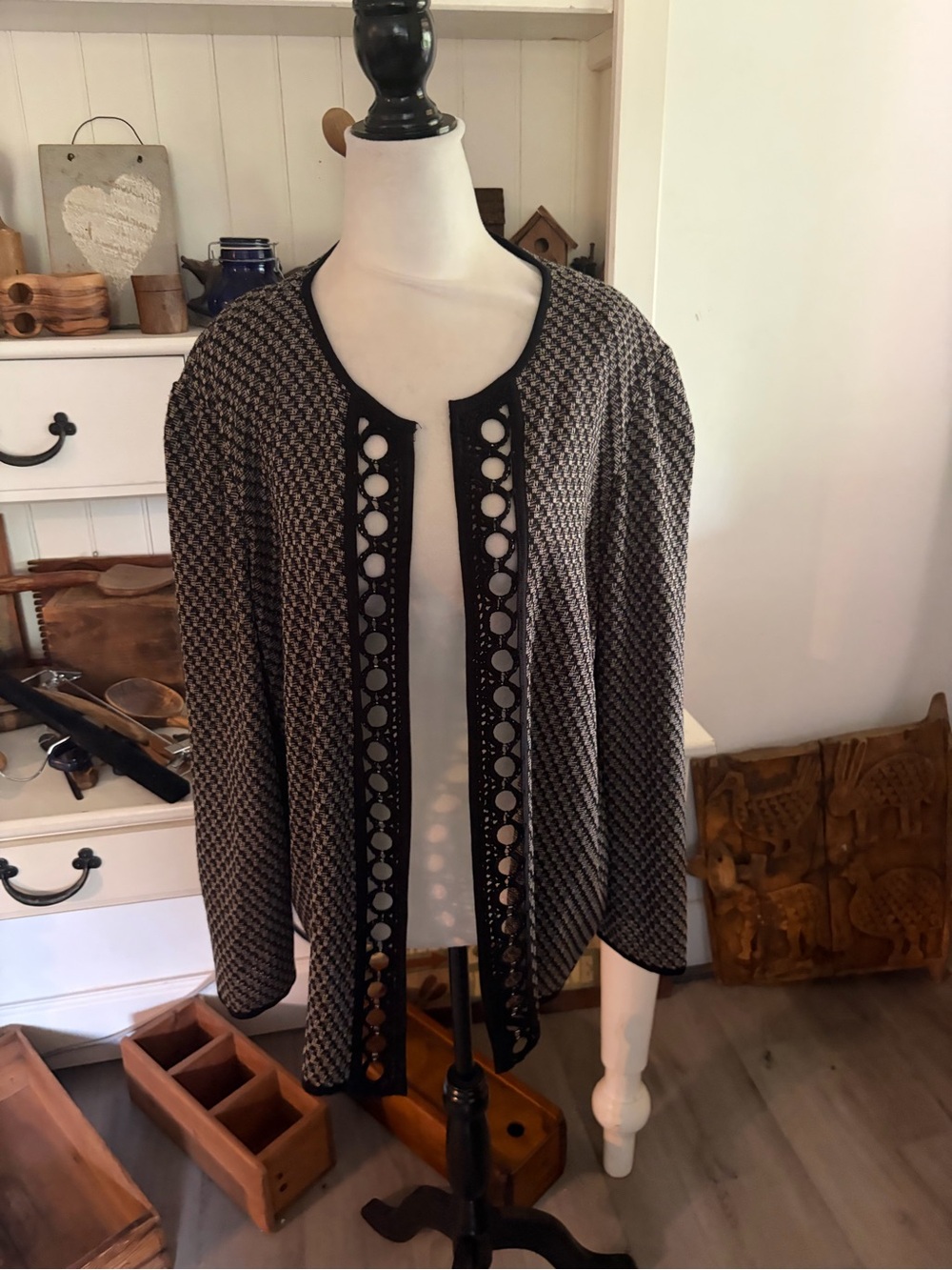 Ming Wang Textured Black and Gray Open Cardigan Sweater